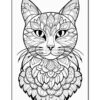 A detailed black and white coloring page featuring an ornate cat with intricate patterns throughout its fur.