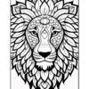 A detailed black and white line drawing of a lion's face with intricate floral patterns surrounding it.