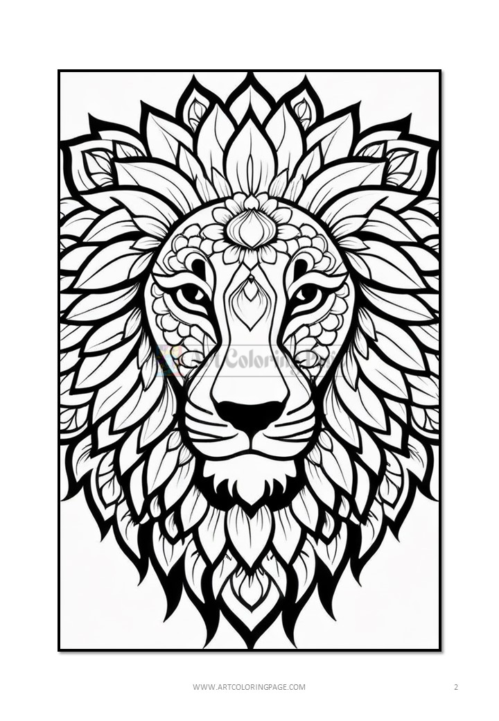 A detailed black and white line drawing of a lion's face with intricate floral patterns surrounding it.