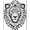 A detailed black and white line drawing of a lion's face surrounded by intricate floral patterns.