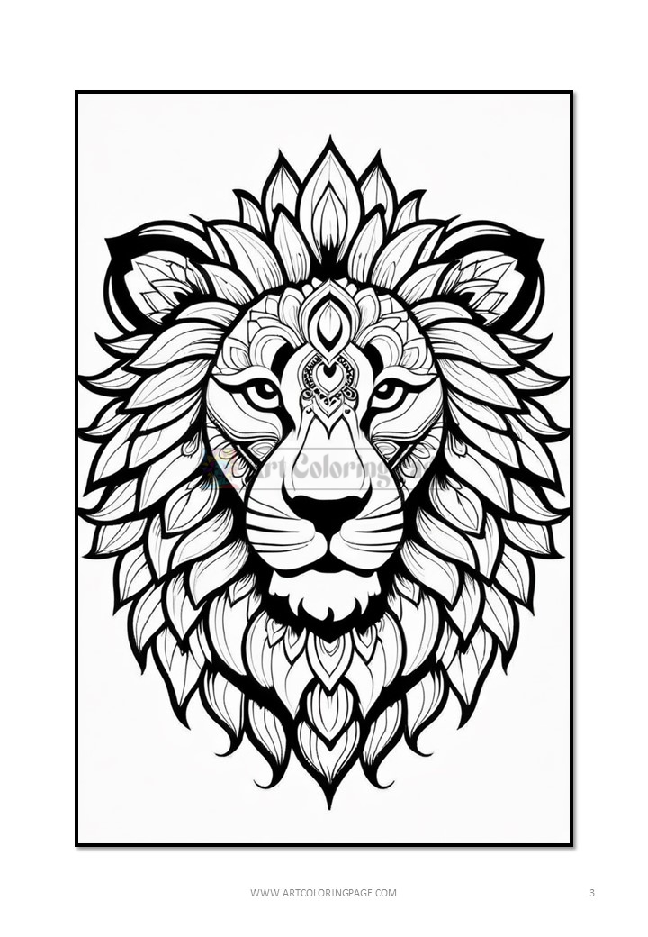 A detailed black and white line drawing of a lion's face surrounded by intricate floral patterns.