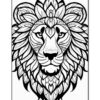 A detailed black and white coloring page featuring a lion's face adorned with intricate floral patterns.