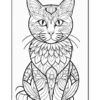 Intricate black and white coloring page of a cat featuring floral and geometric patterns.