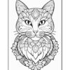 Intricate black and white coloring page featuring a stylized cat with floral patterns and detailed facial features.