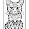 A detailed line art illustration of a cat with intricate floral patterns throughout its body and face, designed for coloring.