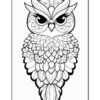 A detailed black and white coloring page featuring an intricately designed owl with stylized feathers and large eyes.