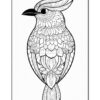A detailed, artistic black and white illustration of a bird featuring intricate patterns and floral designs.