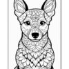 A detailed black and white outline of a dog, intricately decorated with floral patterns and mandala designs.