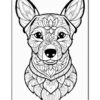 A detailed black and white illustration of a dog designed with intricate floral patterns, suitable for coloring.