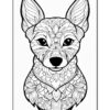 Coloring page featuring a stylized dog design with intricate floral patterns and details in black and white.