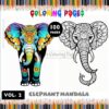 Coloring page featuring two elephants: one colorful with floral designs and one in outline style for coloring.