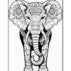 A detailed black and white coloring page of an ornate elephant adorned with floral patterns.