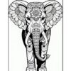 A detailed black and white illustration of an elephant adorned with intricate floral patterns and decorative elements.