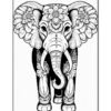 A detailed black and white coloring page featuring an ornate elephant adorned with floral patterns and decorative designs.