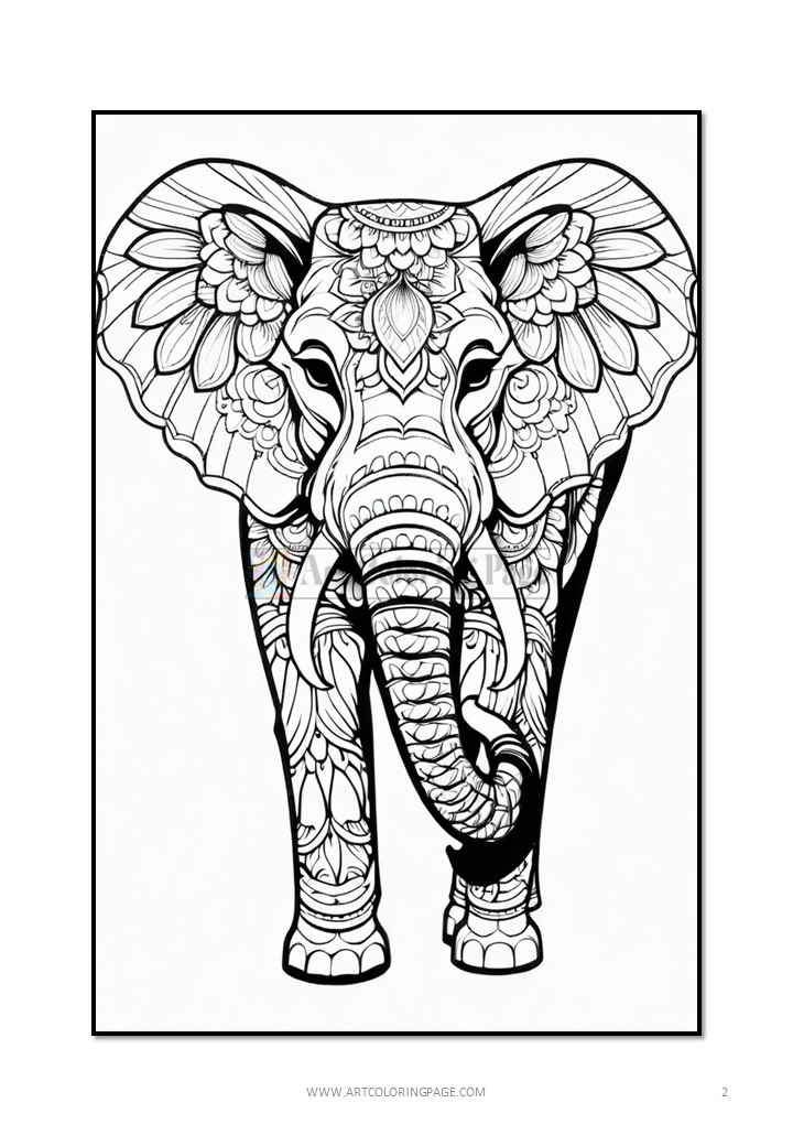 Black-and-white coloring page featuring a detailed, decorative elephant design with intricate patterns.