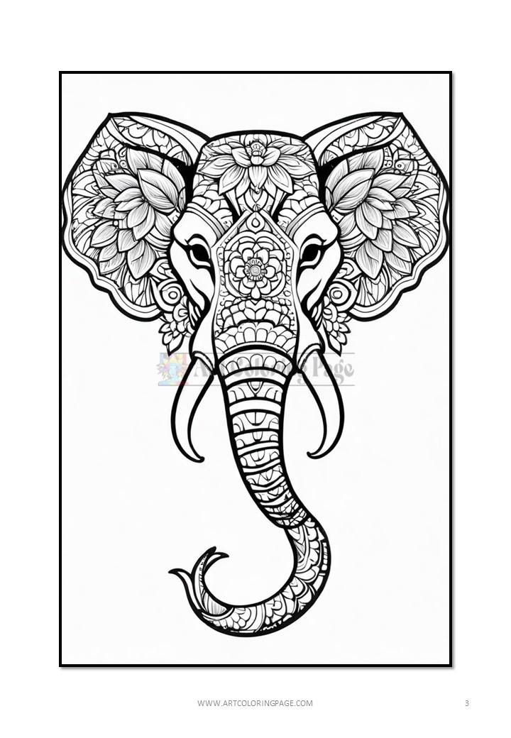 Detailed line drawing of an elephant with decorative floral patterns on its ears and trunk.