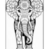 A decorative black and white line drawing of an elephant adorned with flowers and intricate patterns.
