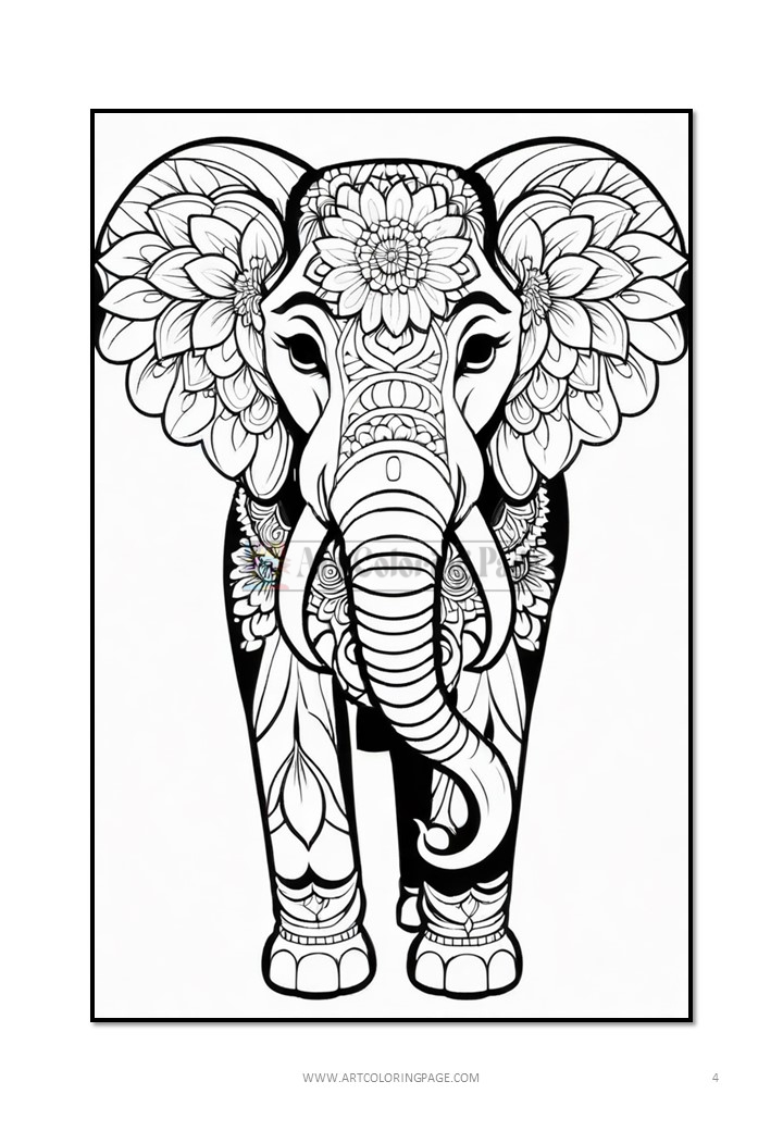A decorative black and white line drawing of an elephant adorned with flowers and intricate patterns.