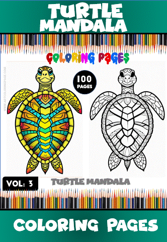 Coloring page featuring a turtle mandala design, showcasing vibrant colors alongside a black and white outline for creativity on artcoloringpage.com.