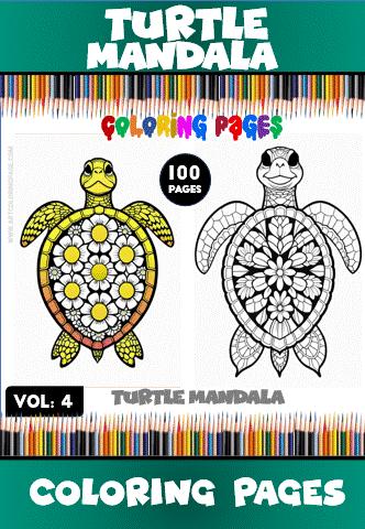 Coloring page featuring a turtle mandala design, showcasing vibrant colors on one side and a black-and-white outline on the other, from artcoloringpage.com.