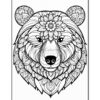 A detailed black-and-white illustration of a bear's face adorned with intricate floral patterns.