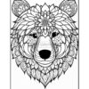 A detailed black and white illustration of a bear's head, adorned with floral and mandala patterns.