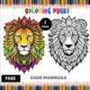 A coloring page featuring two lion illustrations: on the left, a vibrant, multicolored lion's head with a colorful mane, and on the right, a detailed black and white mandala-style lion's head. The background includes a banner titled 'LION MANDALA', and there are colored pencils displayed at the top and bottom of the page.
