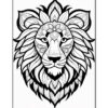 A detailed black and white coloring page featuring a lion's head with intricate floral patterns and designs.