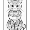 A detailed coloring page of a stylized cat with intricate floral and geometric patterns.