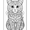 A detailed black and white illustration of a cat with intricate floral and mandala patterns.