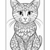 Coloring page featuring a detailed floral-patterned cat design, showcasing intricate line art perfect for coloring.