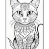A detailed black and white line drawing of a cat adorned with floral patterns, ideal for coloring.
