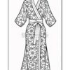 A floral-patterned kimono robe with wide sleeves and a tie belt, designed as a coloring page.