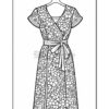 A detailed black and white outline of a floral-patterned dress, suitable for coloring. The dress features a wrap style and a waist tie.