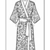 A detailed line art illustration of a floral patterned kimono robe, featuring wide sleeves and a tied sash at the waist.