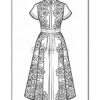A line art illustration of a floral patterned dress with short sleeves and a fitted waist, designed for coloring.