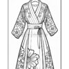 A detailed coloring page featuring a floral kimono design with long sleeves and a tied waist.