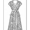 A black and white coloring page depicting a floral patterned dress hanging on a clothes hanger.