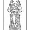 A detailed black and white line drawing of a floral-patterned robe with a sash, designed for coloring.