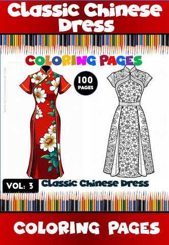 A vibrant coloring page of a classic Chinese dress with floral patterns, featured in a cozy coloring book collection from artcoloringpage.com.