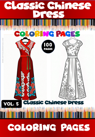 Classic Chinese dress coloring pages featuring a red floral design and a black and white outline for coloring, from cozycoloringbook.com.