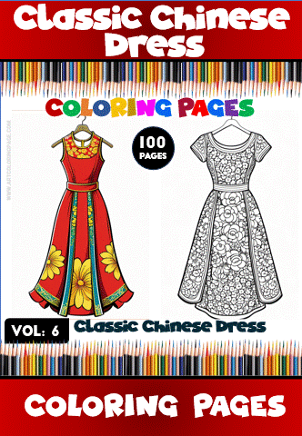 Classic Chinese dress coloring page featuring a vibrant red dress on one side and a detailed black-and-white design on the other. Perfect for a cozy coloring book experience at artcoloringpage.com, with 100 cozy coloring pages in total.