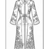 A detailed line art illustration of a floral-patterned robe with a cinched waist, designed for coloring.