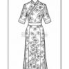 A detailed coloring page illustration of a floral-patterned dress featuring a high collar and short sleeves.
