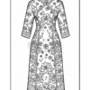 A detailed black and white coloring page of a traditional dress featuring floral patterns.