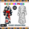 Classic Japanese dress coloring pages featuring floral designs on a dark background, promoting cozy coloring book from artcoloringpage.com.