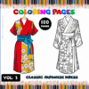 Classic Japanese dress coloring page from a cozy coloring book, featuring floral designs and bright colors, ideal for relaxing creativity.