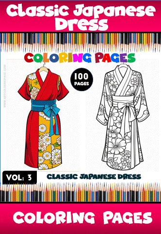 Classic Japanese dress coloring page from a cozy coloring book, featuring floral designs and bright colors, ideal for relaxing creativity.