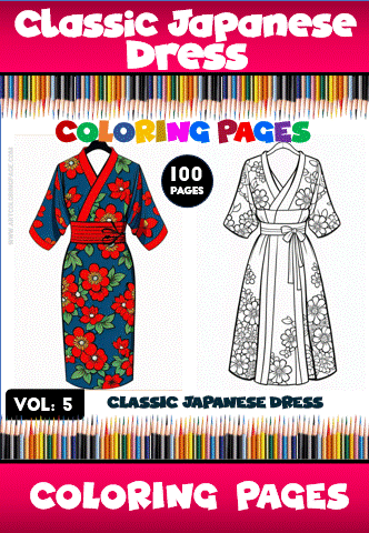 Classic Japanese dress illustration with a vibrant floral design on the left and a black-and-white outline on the right, featuring text about coloring pages.
