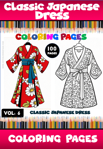 Classic Japanese dress coloring page, featuring a vibrant red kimono with floral patterns, from the cozy coloring book series on artcoloringpage.com.